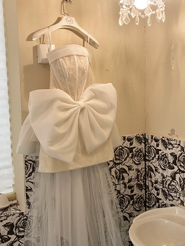 White Bow A Line Strapless Beaded Lace Satin Short Homecoming Dress Birthday Dress HZ1023